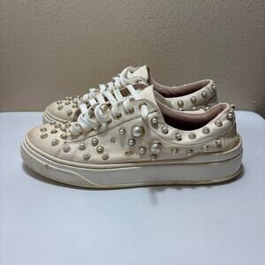 Stuart Weitzman Luxury Pearline Leather Faux Pearl Embellished Sneakers